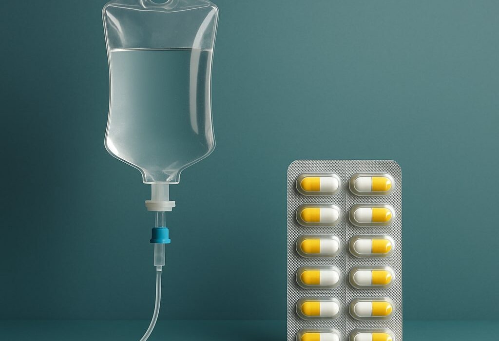 A medical comparison showing an IV bag beside traditional antidepressant pills in a clinical setting