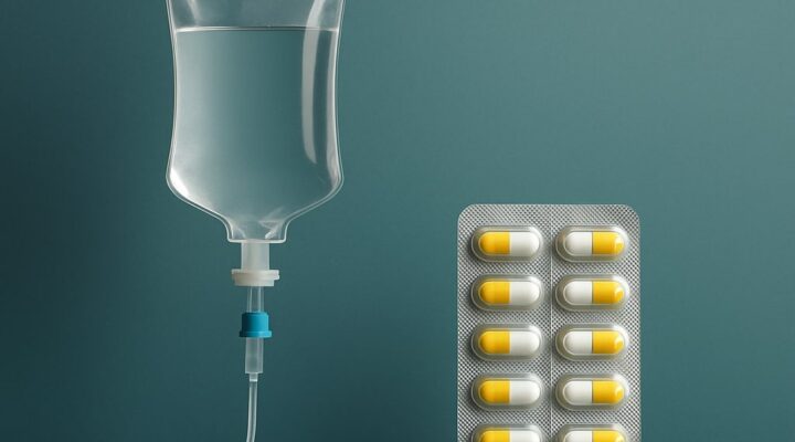 A medical comparison showing an IV bag beside traditional antidepressant pills in a clinical setting