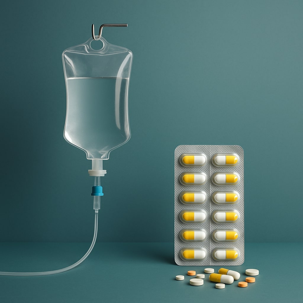 A medical comparison showing an IV bag beside traditional antidepressant pills in a clinical setting